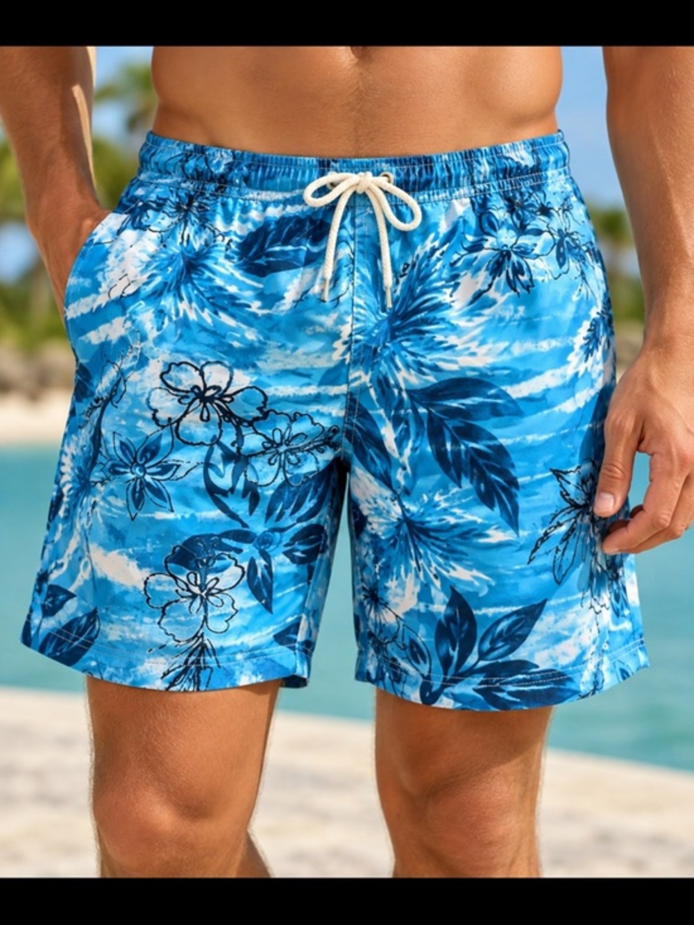 Caribbean Joe Men’s Blue Tropical Floral Swim Trunks Size Medium